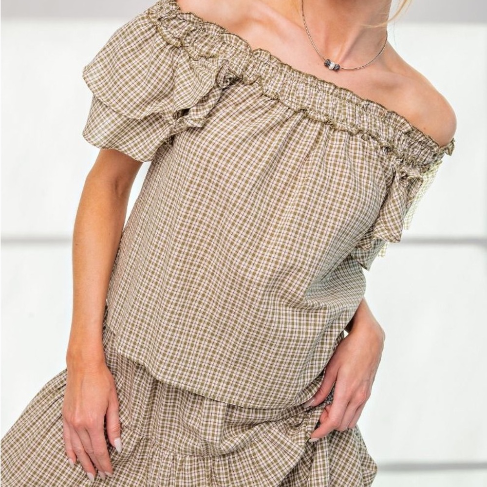 NWT EASEL Bohemian Sage Plaid Off Shoulder Ruffle Top S M L
